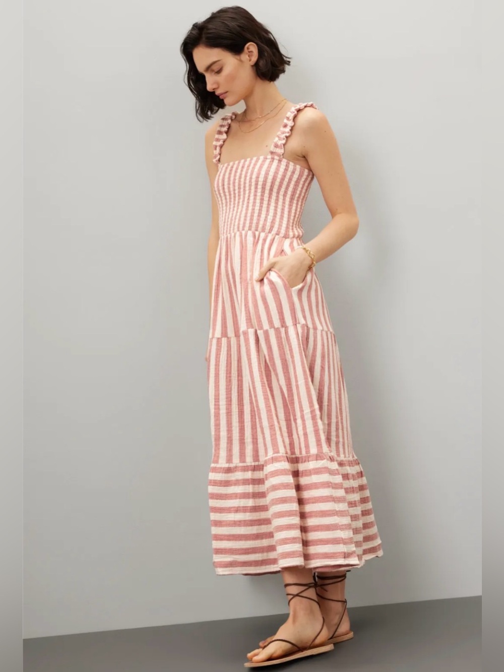 NWT Marine Layer 100% Cotton Selene Smocked Maxi Dress Auburn White Stripe Large